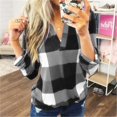 thumbnail image 2 of LISTHA Womens Plaid Shirts Fashion V Neck Cotton Cuffed Blouses Casual Long Sleeve Work Tops Trendy Tops Gray 3L, 2 of 8