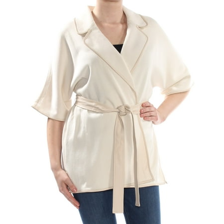 Evening Jacket Coat - ST JOHN Womens Beige Belted Leather Trim Evening Jacket Size: L