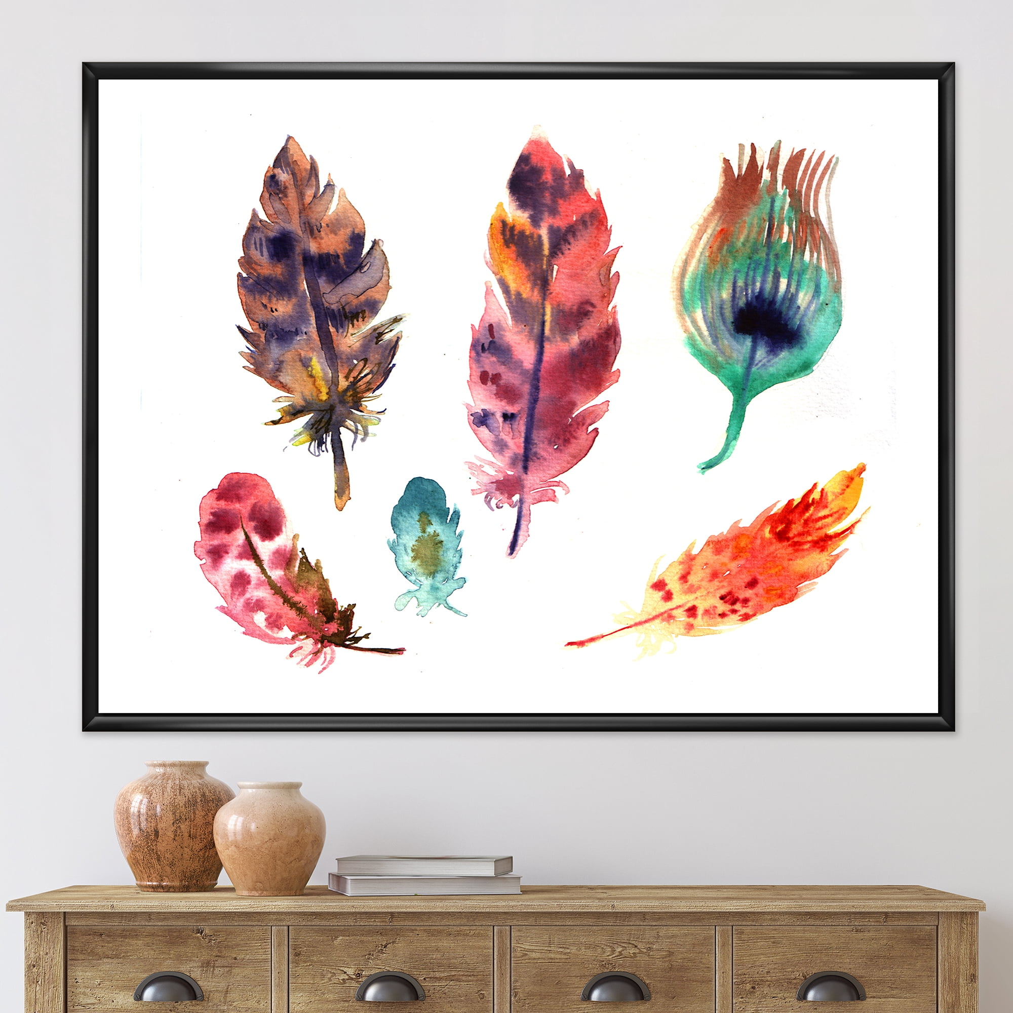 Designart 'Colourful Boho Art Feather Set II' Bohemian & Eclectic Framed Canvas Wall Art Print