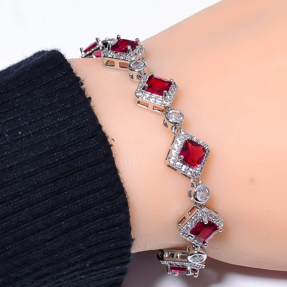 Ruby & CZ 925 Sterling Silver Tennis Bracelet 7.99" B974371345, New Year Sale, Valentin's Day Gift