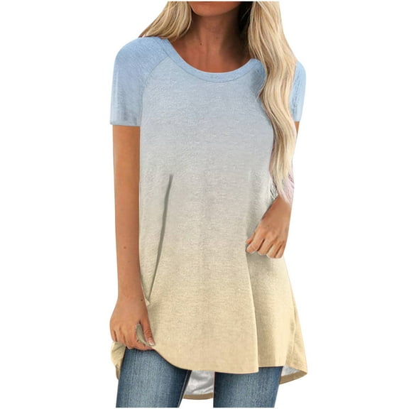 up to 60% off Gifts Usmixi Womens Tops Summer Short Sleeve Round Neck Gradient Print Tee Shirts Casual Loose Fit Breathable Ladies Hem Tunic Blouses Khaki s Under $5