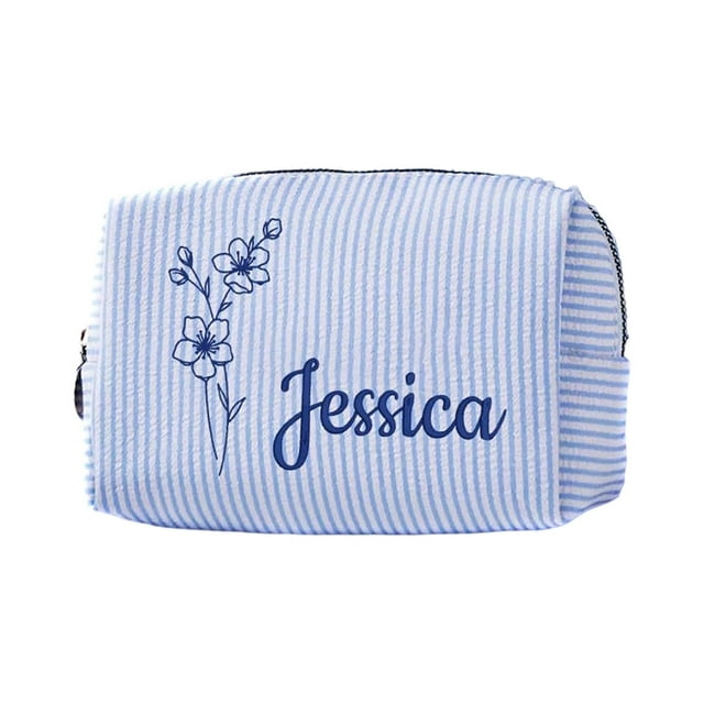 Seersucker bordado con nombre y fecha de nacimiento. Artículos de aseo personal de viaje personalizados. Damas de honor. Boda.