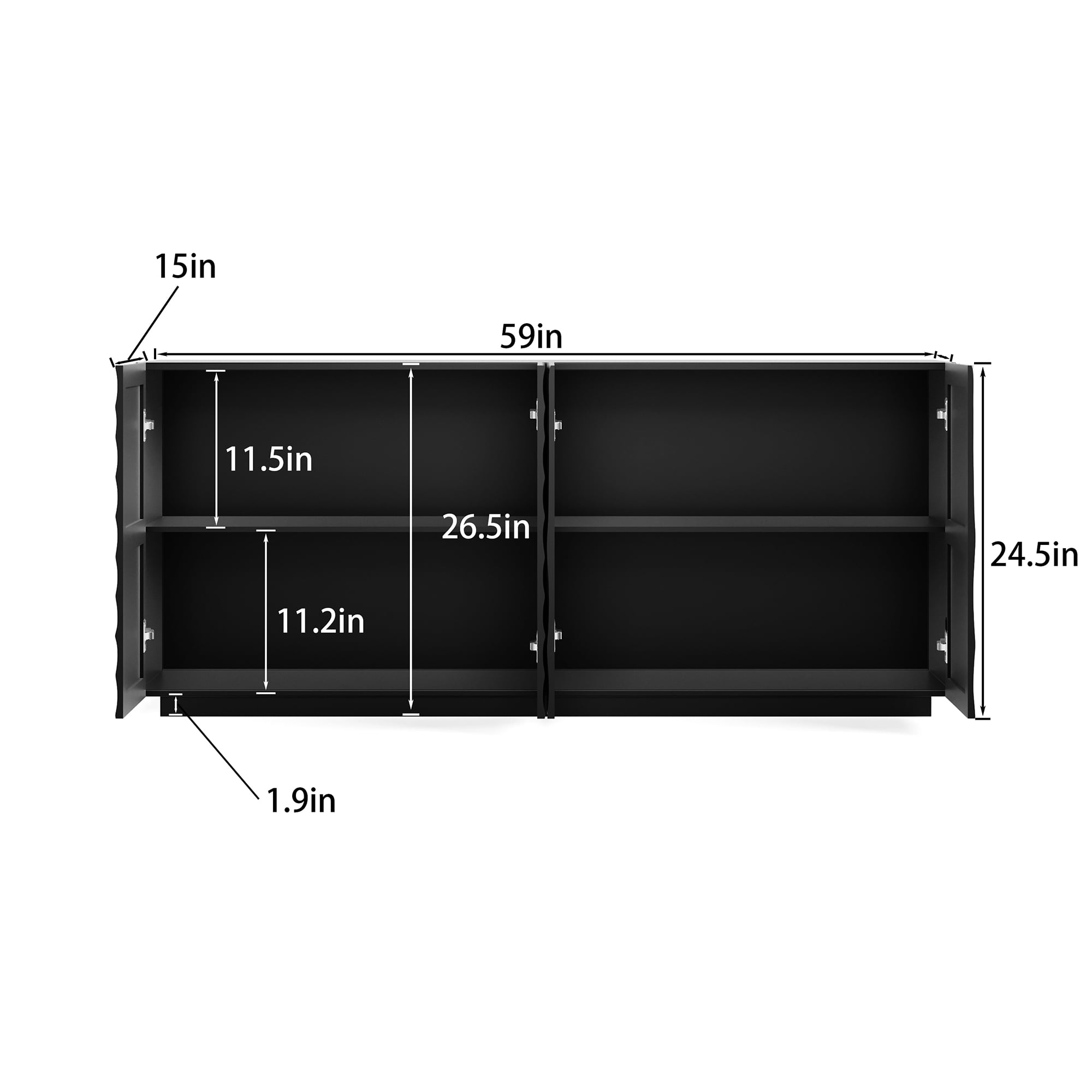 Homy Casa 59 in Modern 4-Door Buffet Cabinet with Sculpted 3D Wave Front for Dining Room Black