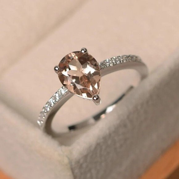 Natural morganite ring, pear cut pink gemstone, sterling silver anniversary ring