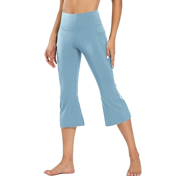 VV AVEORS Capri Leggings For Women Flare Stretch Tummy Control High Waisted Yoga Capris Workout Lounge Cropped Pants With Pockets Sky Blue S