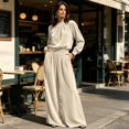 thumbnail image 6 of Szluipve 2 Piece Sets for Women Velvet 2 Piece Matching Outfit High Neck Pleated Long Sleeve Blouse Top & High Waist Wide Leg Palazzo Pants Elegant Party Set with Pockets Beige L, 6 of 9