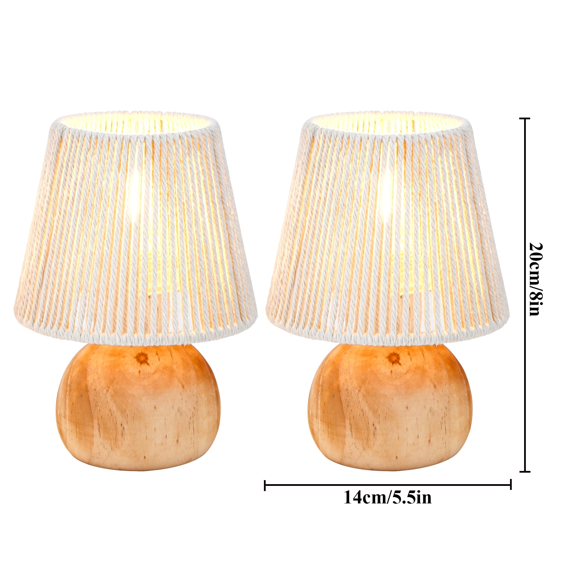 Set of 2 Woven Cotton Rope Table Lamp - 8'' Tall Cordless Battery Powered Lamps with Wooden Base