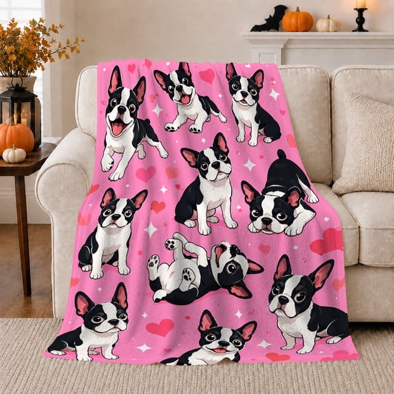 Cheerful French Bulldog Hearts Pattern, Playful Pet Portrait Pattern, Warm Flannel Blanket for Living Room and Reading Nook, Dog Lovers Friendship Gift, Pet Lover Home Decor