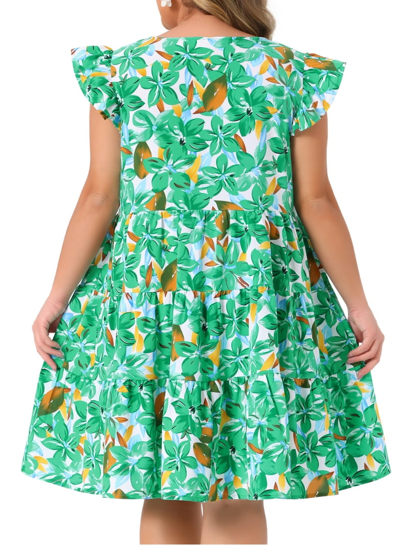 Agnes Orinda Women's Plus Size Boho Dress Floral Print Tiered Ruffle Flutter Sleeves Round Neck Summer Babydoll Dress 2X Green