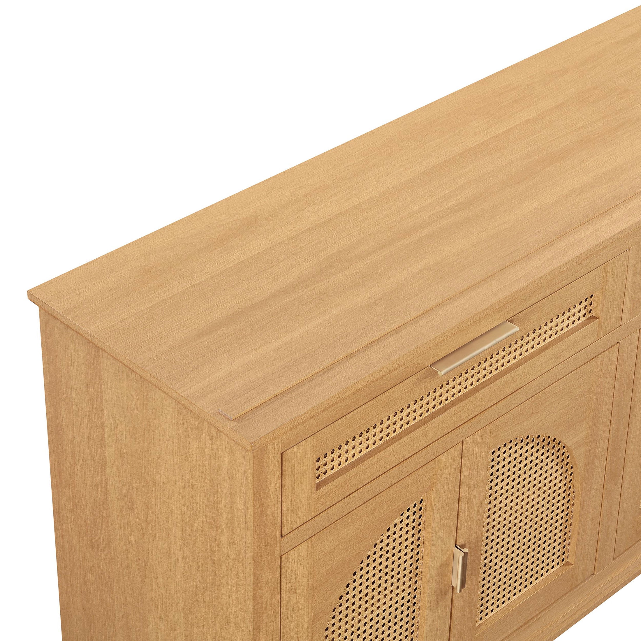 Beautiful Drew Rattan Media Console with Teched Away Drawer by Drew Barrymore, Warm Honey Finish