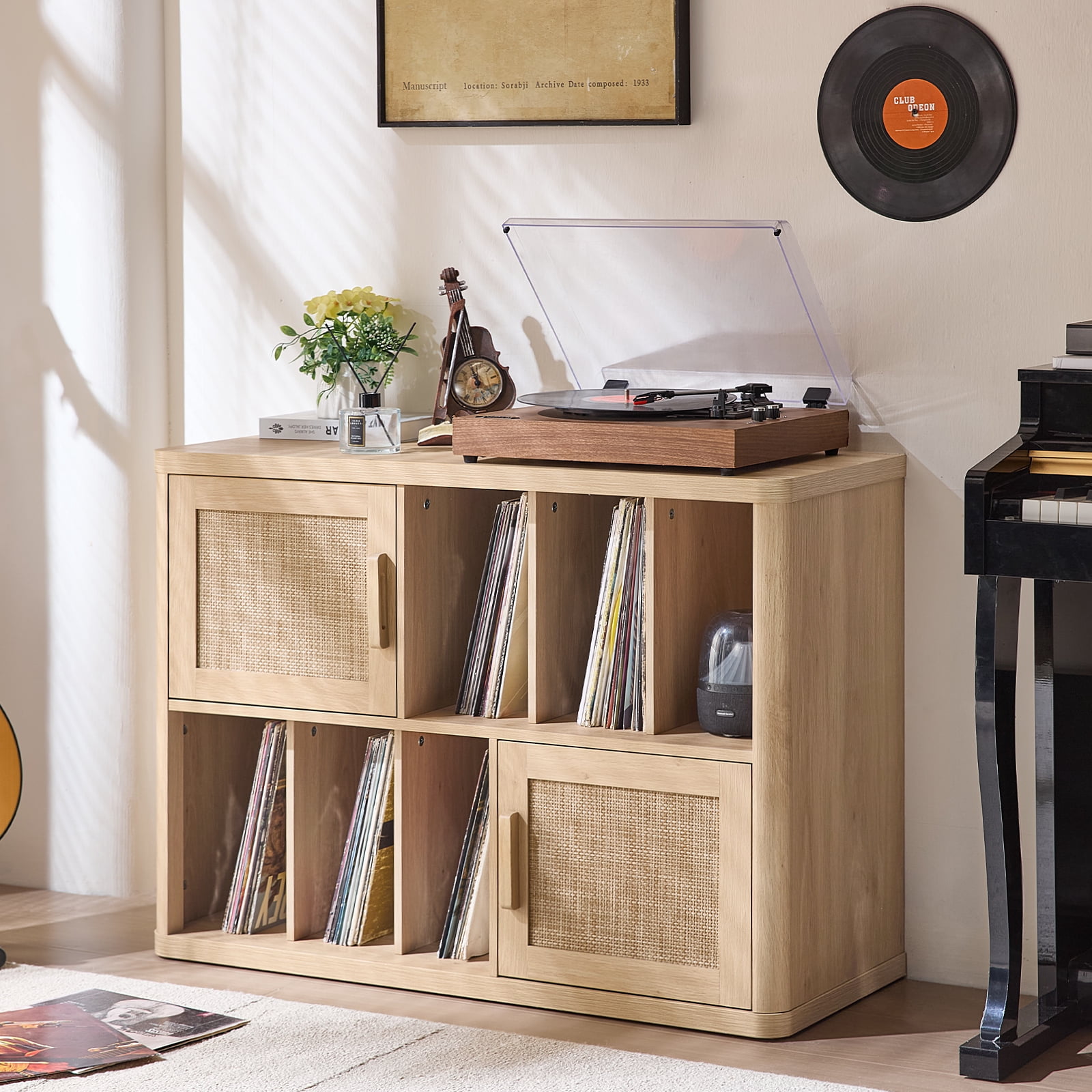 Large Record Player Stand, Rattan Turntable Stand Table Holds up to 450 Albums, Vinyl Record Storage Cabinet with Wood Legs for Living Room Bedroom Office, Natural Oak