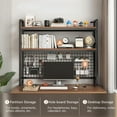 thumbnail image 6 of Desktop Hutch Bookshelf, 2-Tier Metal Desk Shelf with Grid Panel, Wooden Desktop Display Rack for Computer Monitor, Countertop Storage Organizer for Office Home Dorm (Black), 6 of 7
