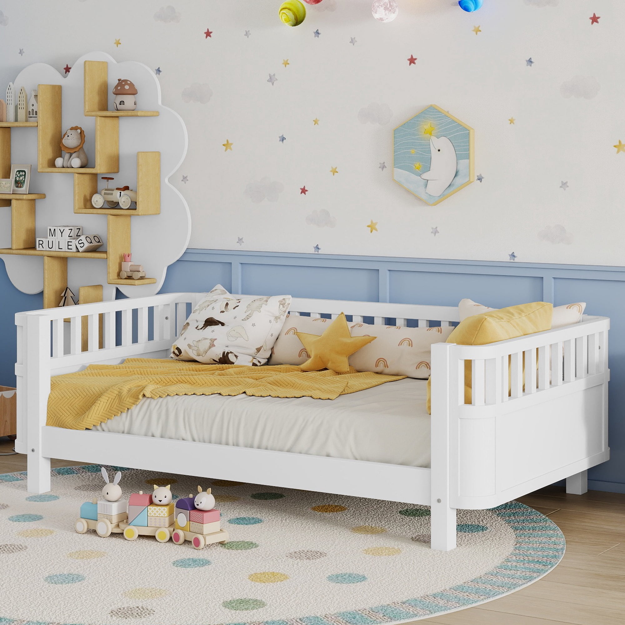 Mirightone Twin Size Montessori Bed with Guardrails and Removable Side Rails, Low to Ground Wood Bed Frame