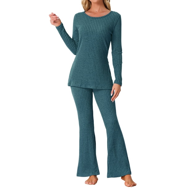 Conjunto de lounge de punto acanalado para mujer INSPIRE CHIC, con top de mangas largas y pantalones, conjunto de pijama de dos piezas a juego en azul pavo real