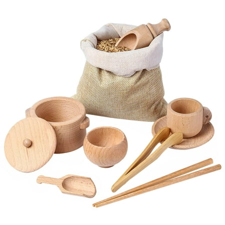 

Topaty Wooden Sensory Bin Tools 8 PCS Kitchen Tableware Toys Set for Toddlers Wooden Scoops and Tongs for Transfer Work and Fine Motor Learning