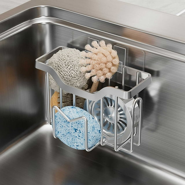 JMYHOAM Storage Bags Sponge For Kitchen Sink Movable Kitchen Sink Caddy With Shape Hook Stainless Steel Hanging Sponge Caddy For Sponge Brush Sink Stopper Organizer Home Storage
