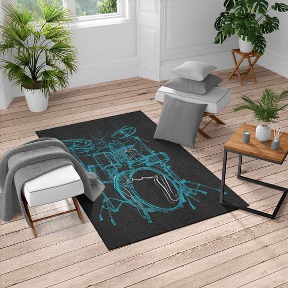 Rock Music Turkish Area Rug, Doodle Drawing Sketch Drummer Musical Inspirations Monochrome Arrangement, Soft Carpet for Living Room Decor with Distressed Look, 6.6' X 9.6', Sky Blue, by Ambesonne