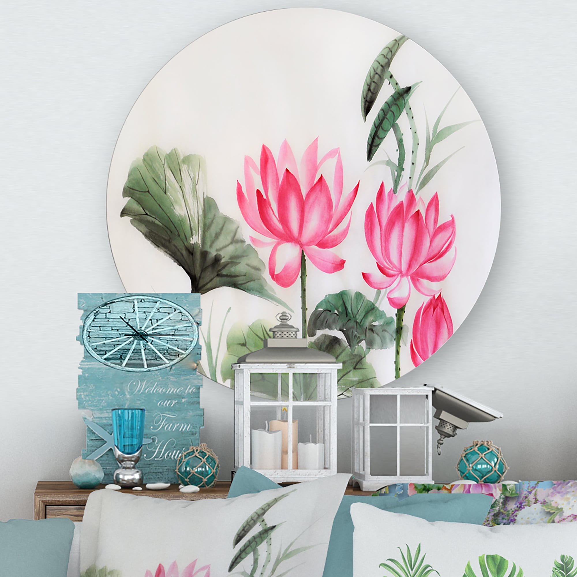Designart 'Ancient Pink Lotuses In The Pond I' Traditional Circle Metal Wall Art 23x23 - Disc of 23