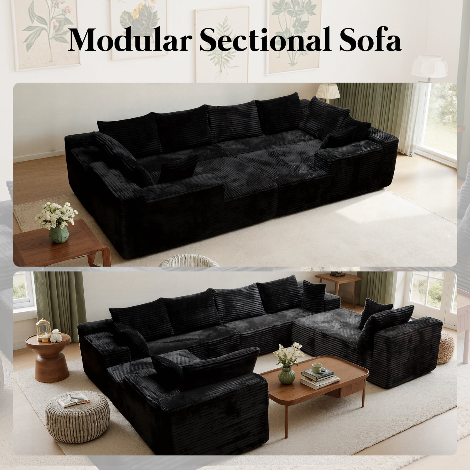 Kelyda 139'' U Shaped Sectional Couches, Modern Modular Boneless 8 Seater Large Foam Cloud Sofa Black