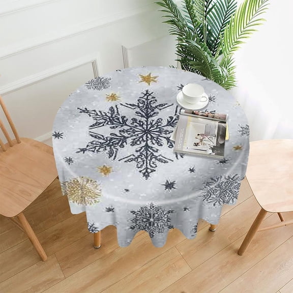 RKSupls 60 Inch Round Tablecloth, Snowflake Silver Gold Premium Polyester Straight Edge Wrinkle Resistant Washable Table Cover for Party Home Dining Decor