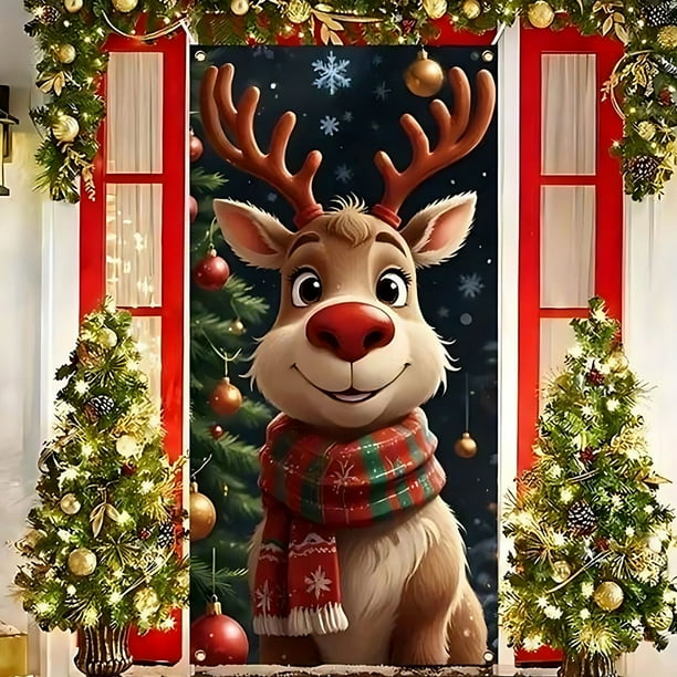Cubierta de puerta de poliéster, decoración navideña de 35 x 71 pulgadas, ideal para puertas y paredes navideñas, fiestas, festivales, Halloween, otoño, hogar, adornos navideños.