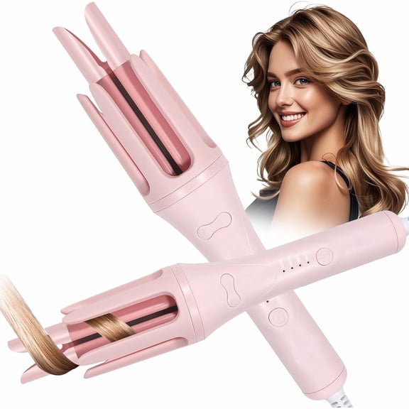 Hair Curler for Long Hair – 4 Temp Settings, 10S Fast Heating, Dual Rotation, 30 Min Auto Shut Off, Dual Voltage for Travel, Pink