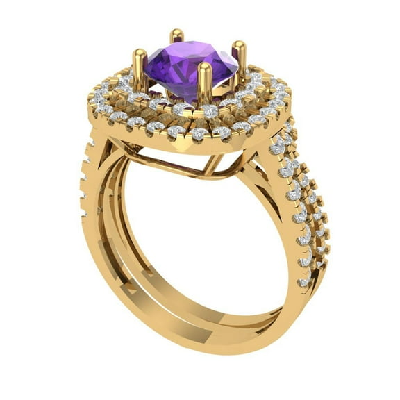 1.8 ct Brilliant Round Cut Natural Amethyst 14K Yellow Gold Halo Solitaire with Accents Engagement Bridal Wedding Ring Band Set size 6.25