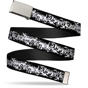 Adjustable Belt, Clamp Buckle, Cut-to-Fit, Batman Action Verbiage Black White