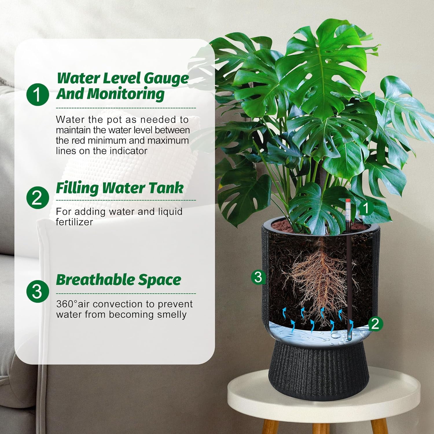 Riedhoff 14.2" Planters Pots Set of 2, with Inner Bucket & Water Level Monitor, Black
