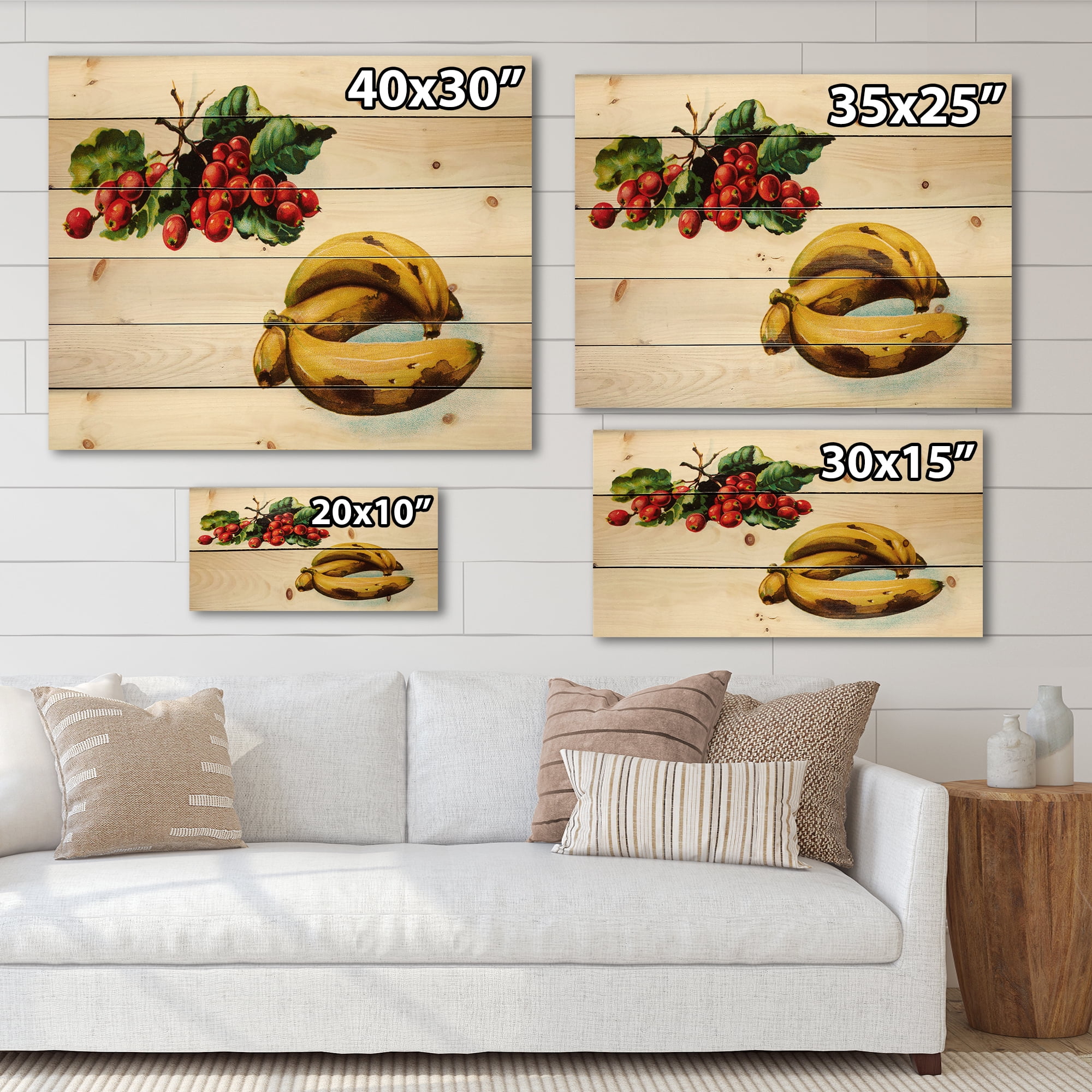 Designart 'Red Berries and Banana' Farmhouse Print on Natural Pine Wood