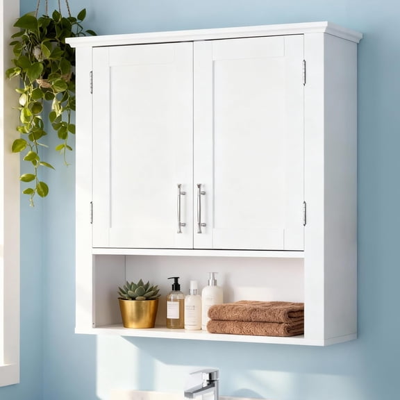 Bathroom Wall Cabinet, Wall Mounted Storage Cabinet Above Toilet, with Double Doors and Three Adjustable Shelves, White