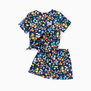 PatPat Women Lounge Sets 2 Piece Pajama Sets Short Sleeve Top and Shorts Loungewear Floral Print Trendy Home and Street Outfits Sets with Drawstring Pockets, Dark Blue, XL