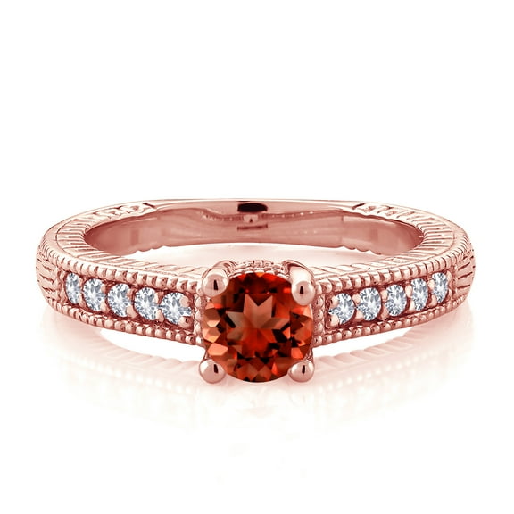 Gem Stone King 18K Rose Gold Plated Silver Red Garnet and White Created Sapphire Women's Solitaire Ring with Accent Stones (1.15 Cttw, Round Shape 5MM, Size 7)