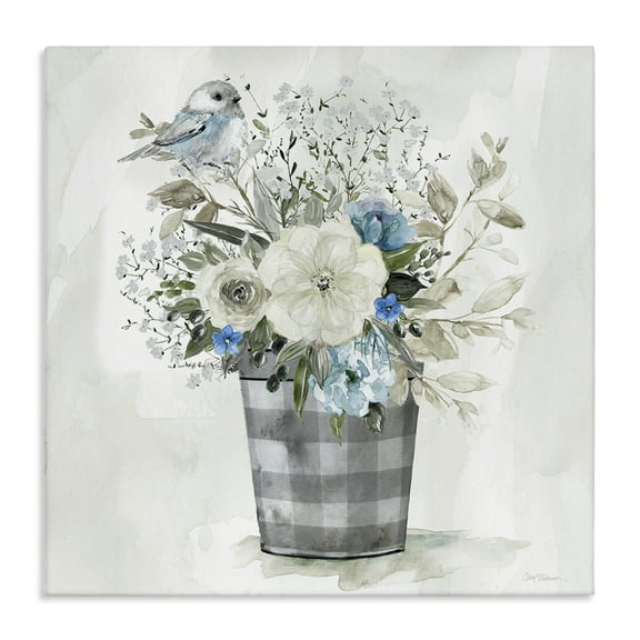 Stupell Industries Cottage Blooms Plaid Vase Plants & Flowers Painting Wrapped Canvas Art Print Wall Art, 17 x 17