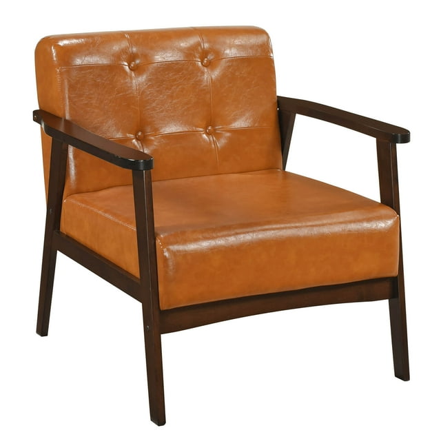 Costway Accent Chair with Armrest & Rubber Wood Frame Button Tufted Chair for Living Room Brown