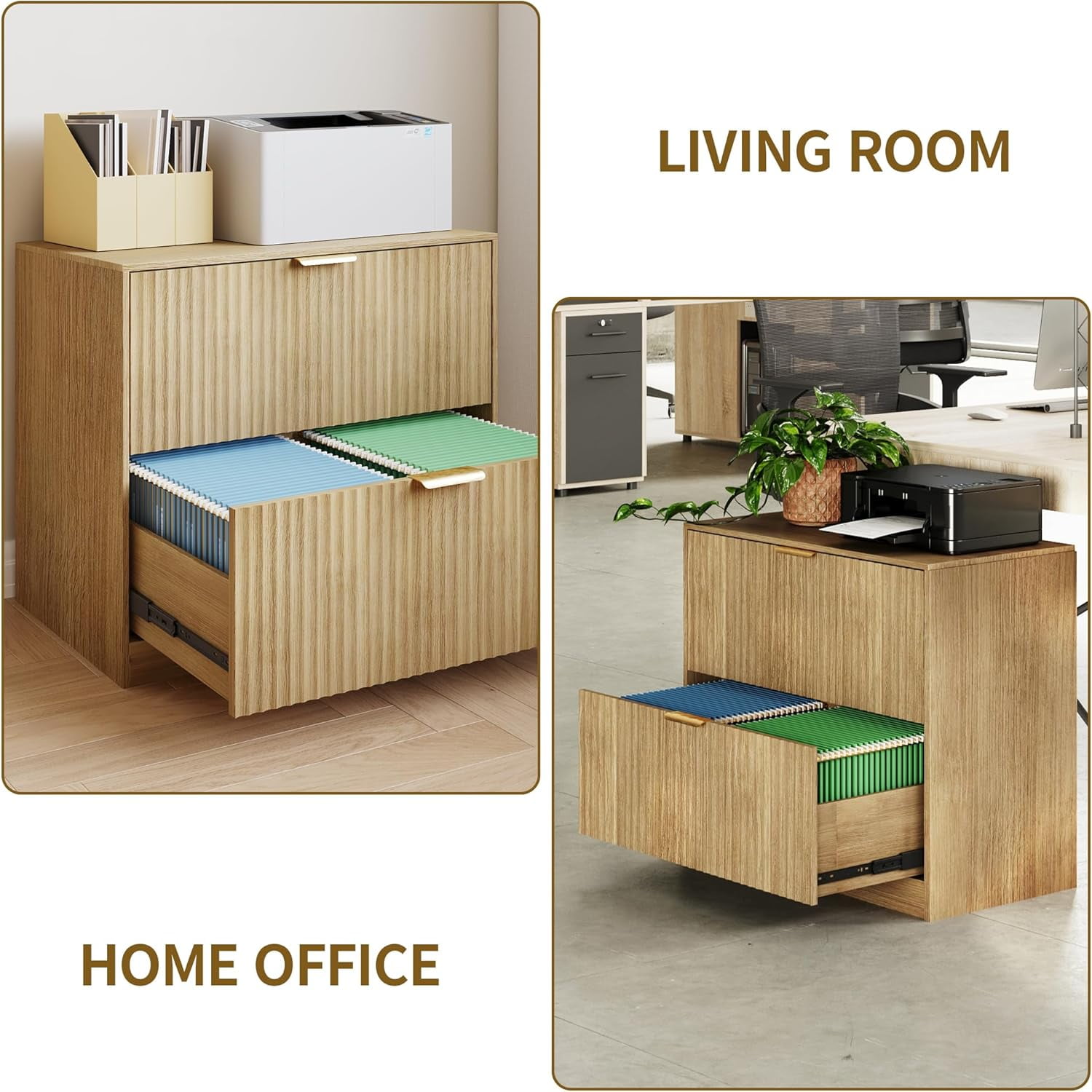 Pusnapku 2 Drawers File Cabinet, Modern 31" Printer Stand, Fluted Home Office Filing Cabinet with Adjustable Hanging Rails, for Legal/Letter/A4 Size