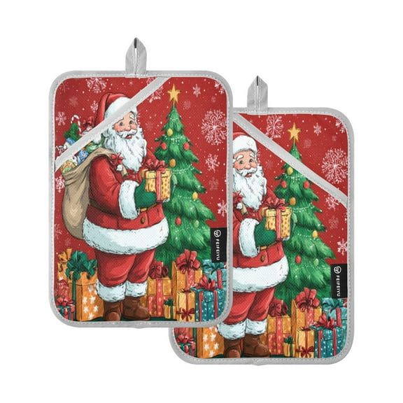 2Pack Heat-Resistant Quilted Cotton Potholders - Stylish Kitchen Grips for Hot Pots & Pans Ovens Santa Claus and His Presents