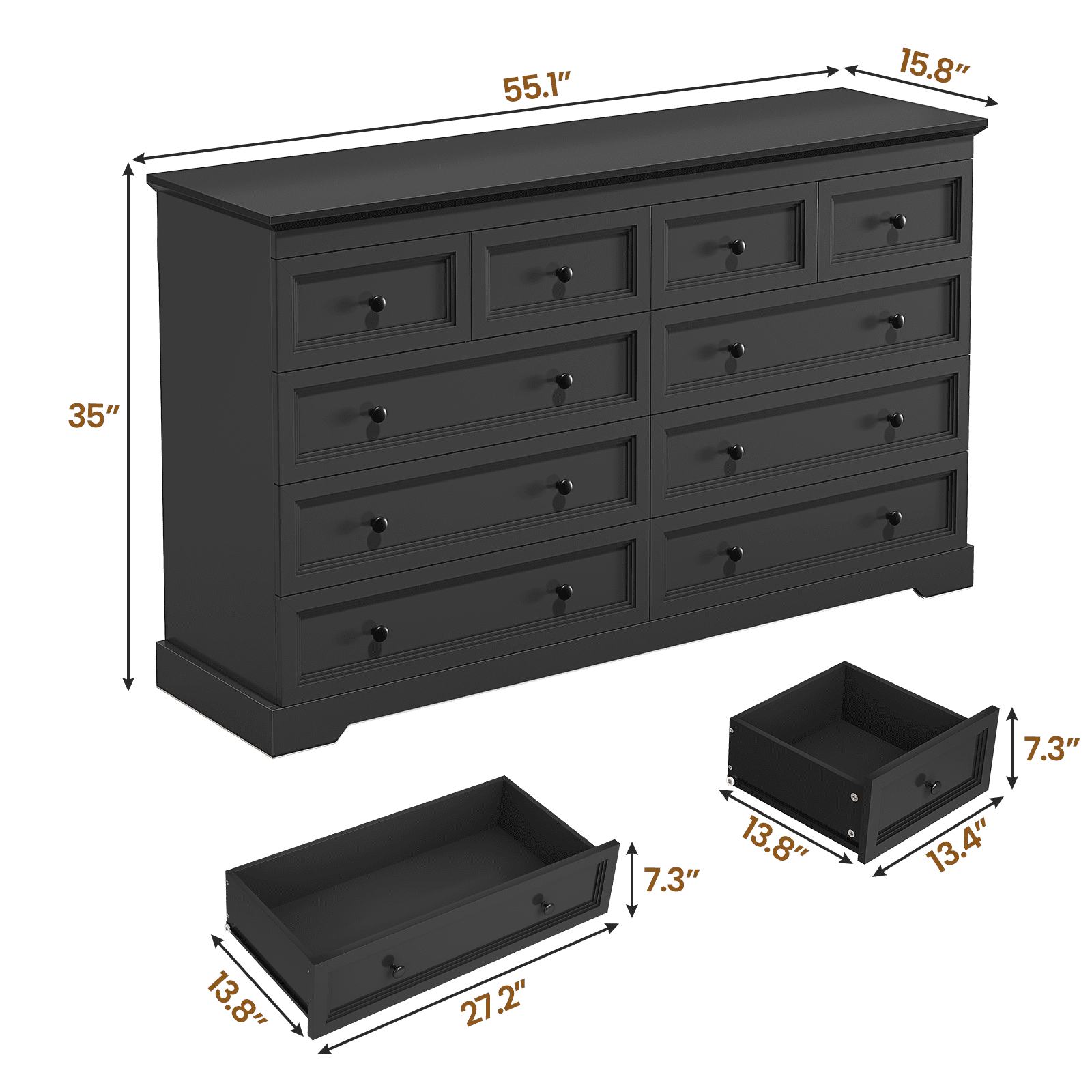 Plonmago Black Dresser for Bedroom,10 Drawers Dresser, 55" Wood Large Dressers with 10 Drawers, Chest of Drawers for Bedroom, Living Room