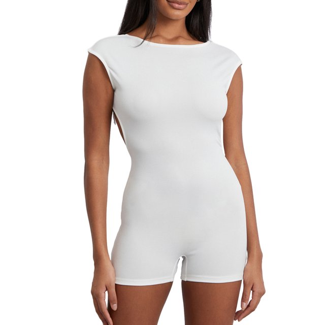 Faithtur Women Solid Color Playsuits 1/4 Sleeve Summer Backless Jumpsuits Slim Casual Short Rompers Clubwear
