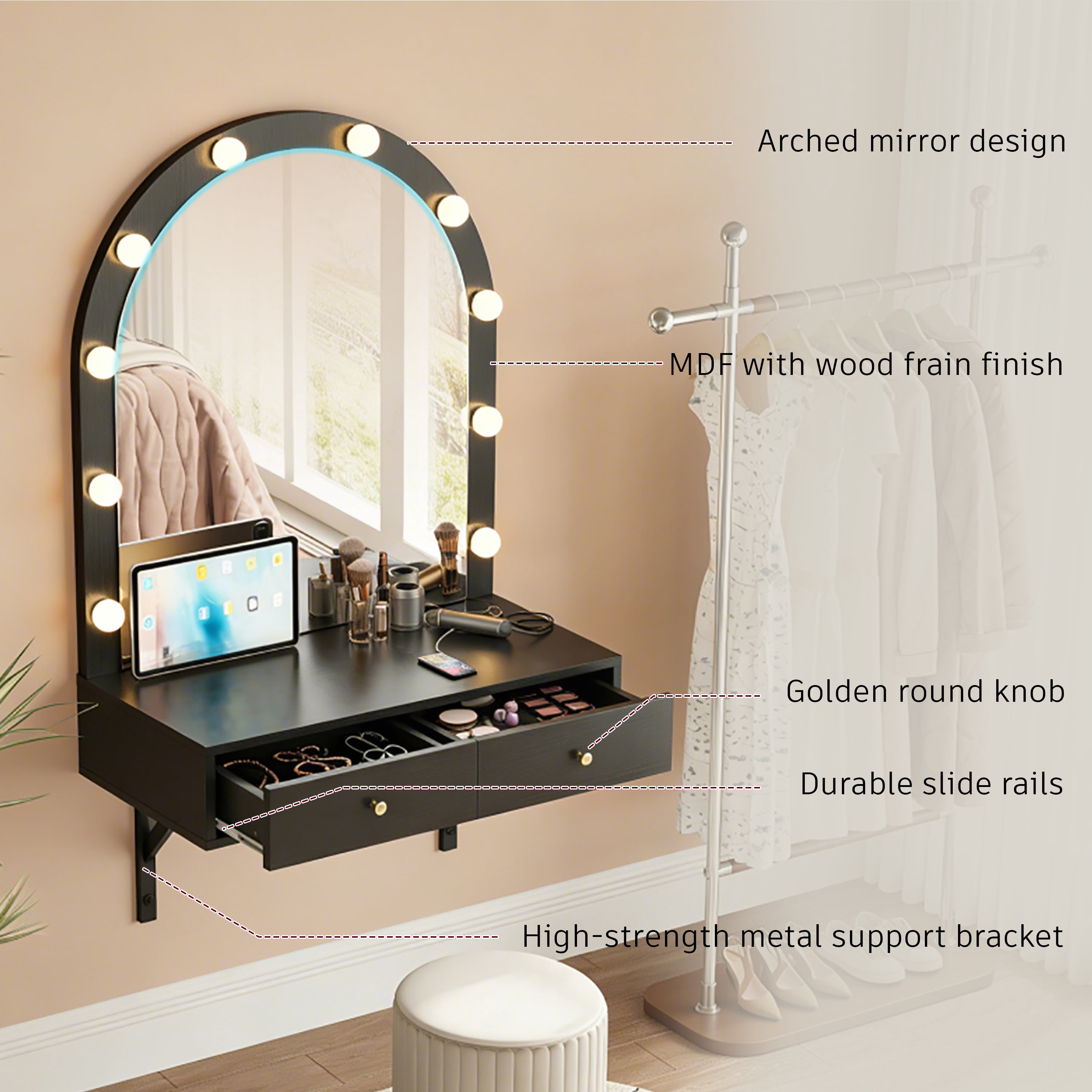GARITIN Floating Makeup Vanity Desk 31.5 Inch, Wall Mounted Dressing Table with LED Mirror and Power Outlet for Bedroom Bathroom, Black