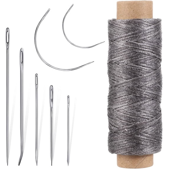 55Yards Waxed Thread with 7 Pcs Leather Needles for Hand Sewing 150D Flat Sewing Waxed Thread Leather Repair Needles for Sewing Upholstery Leather Canvas Bags Sofa Furniture(Dark Gray)