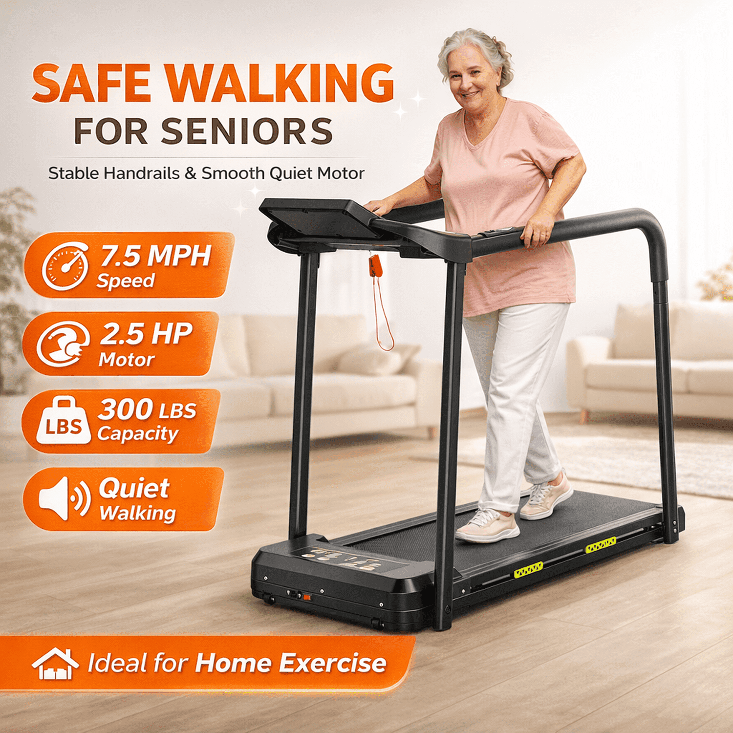 Noaman Senior Walking Treadmill with Long Handrails, Walking Pad Treadmill for Home, 2.5 HP Quiet Motor, 0.5-7.5 MPH Speed Range, Large LED Display, 300 lb Capacity, Black