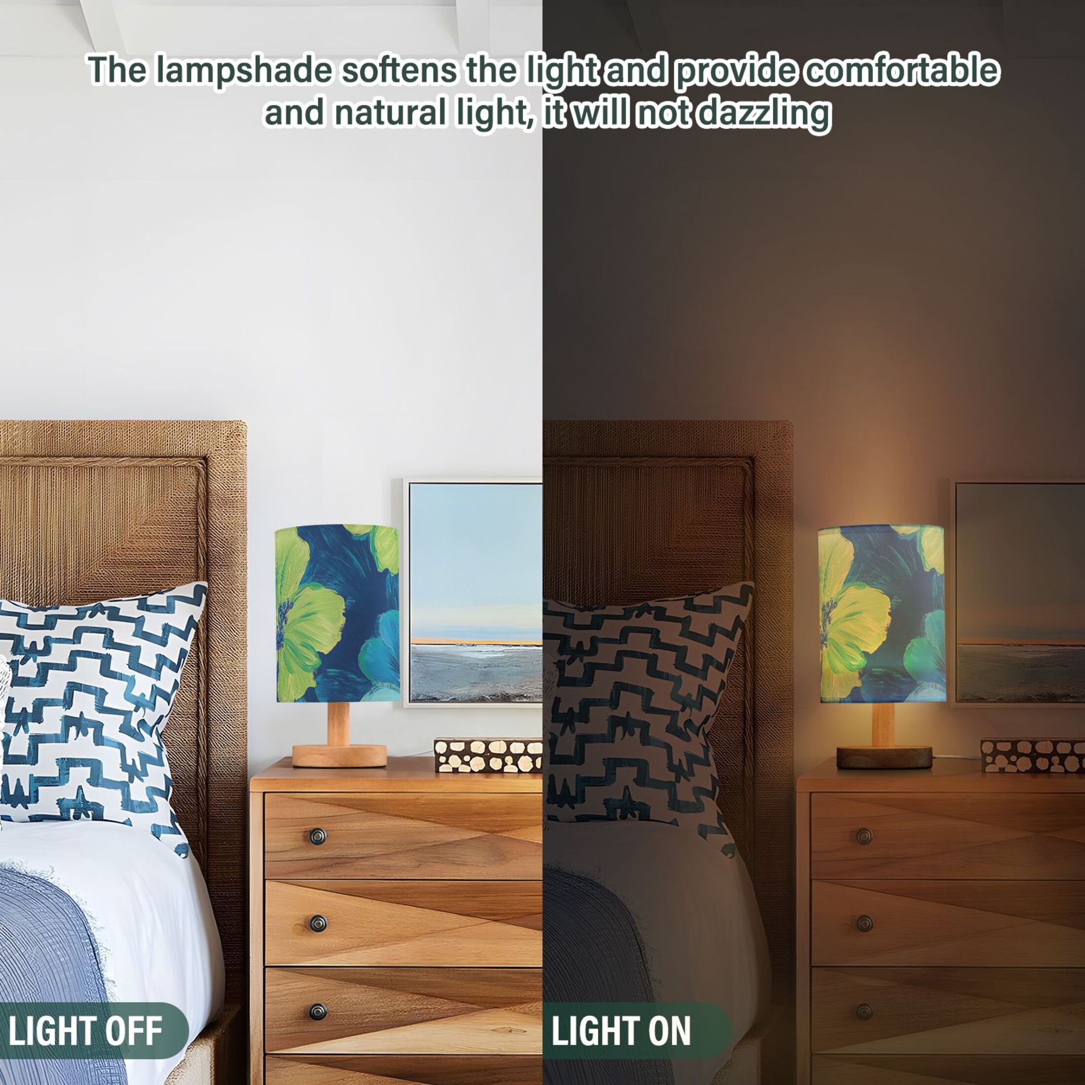 Blue and Green Flowers Oil Painting Table Lamp with USB Port LED Warm Light Lamp Night Light Home Decor