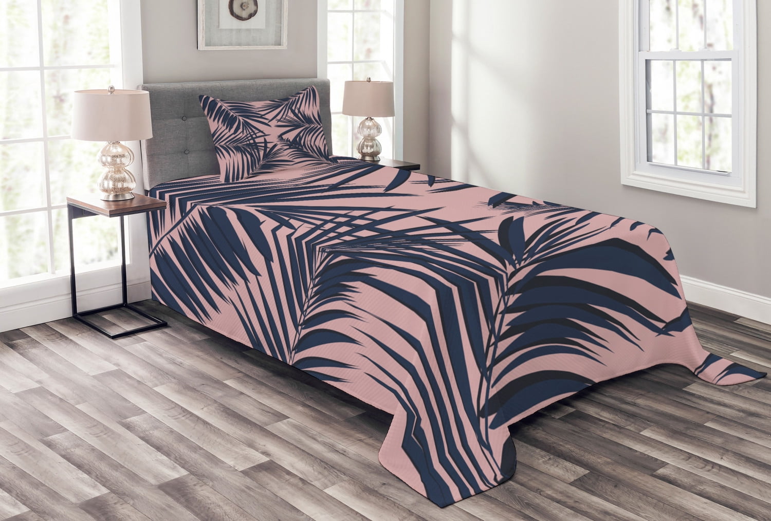 Navy and Blush Bedspread Set, Summer Exotic Floral Tropical Palm Tree Leaf Banana Plant Hawaii, Decorative Quilted Coverlet Set with Pillow Shams