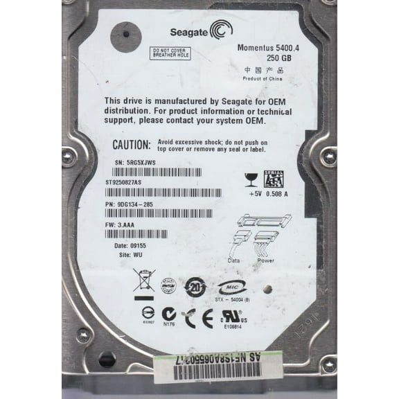 ST9250827AS, 5RG, WU, PN 9DG134-285, FW 3.AAA, Seagate 250GB SATA 2.5 Hard Drive