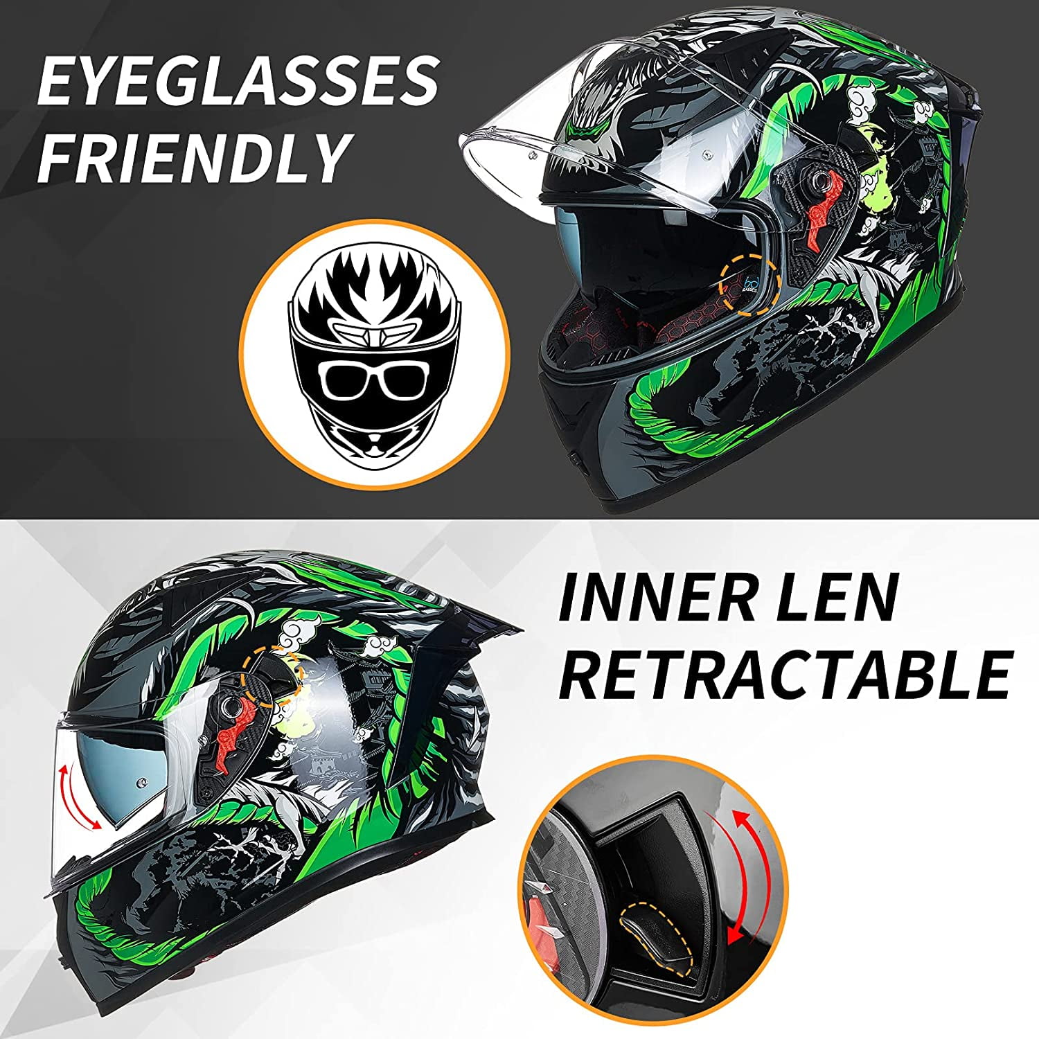 ILM Motorcycle Helmet Full Face with Pinlock Compatible Clear&Tinted Visors and Fins Street Bike Motocross Casco DOT(Legend Green, Medium)