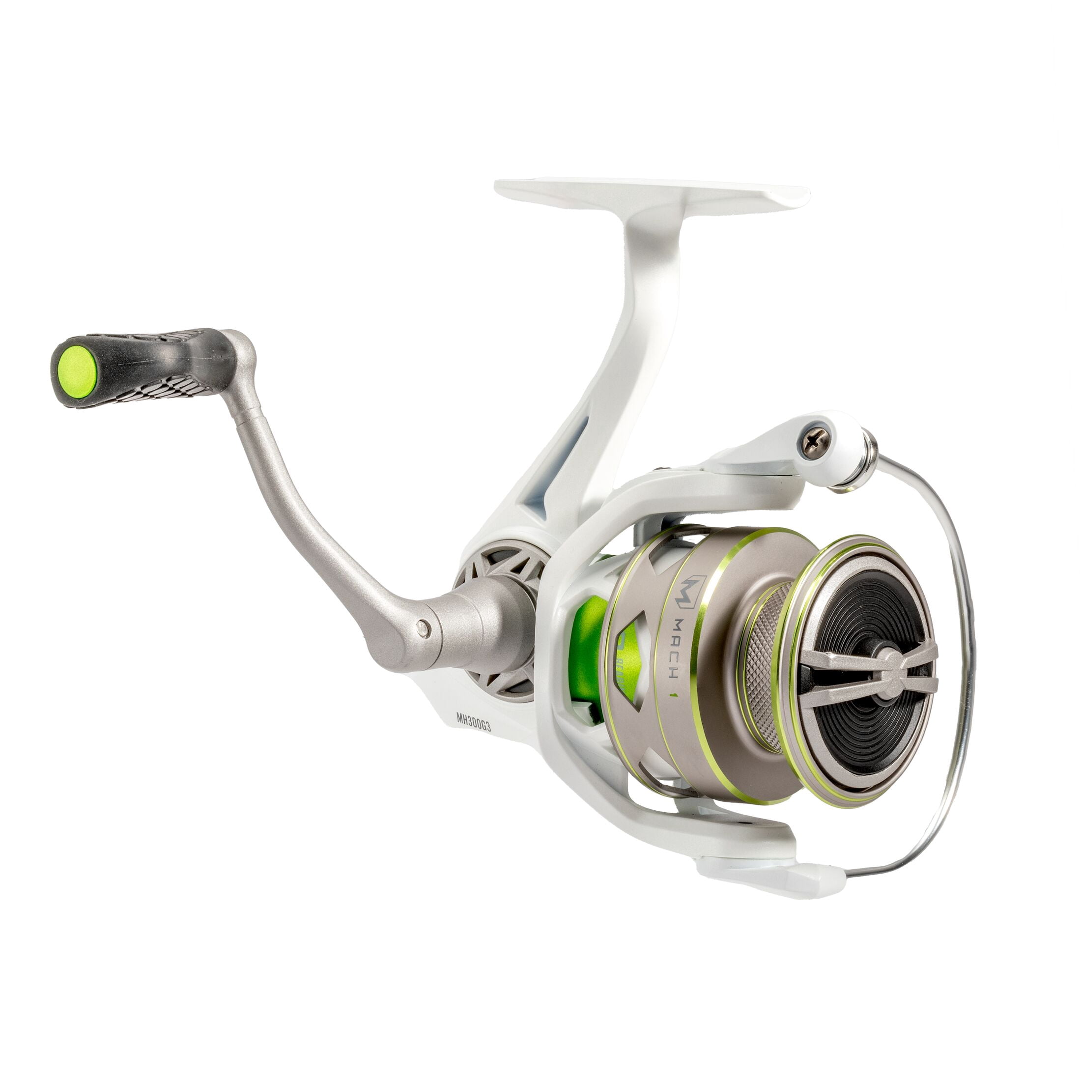 Lew’s MACH 1 Spinning Fishing Reel, Size 300 Reel, 9+1 Bearings, 6.2:1 Gear Ratio, Graphite Frame, Speed Gears, Speed Lube, Multi-Disc Drag, Metallic White/Gray/Green (Clam Packaging)