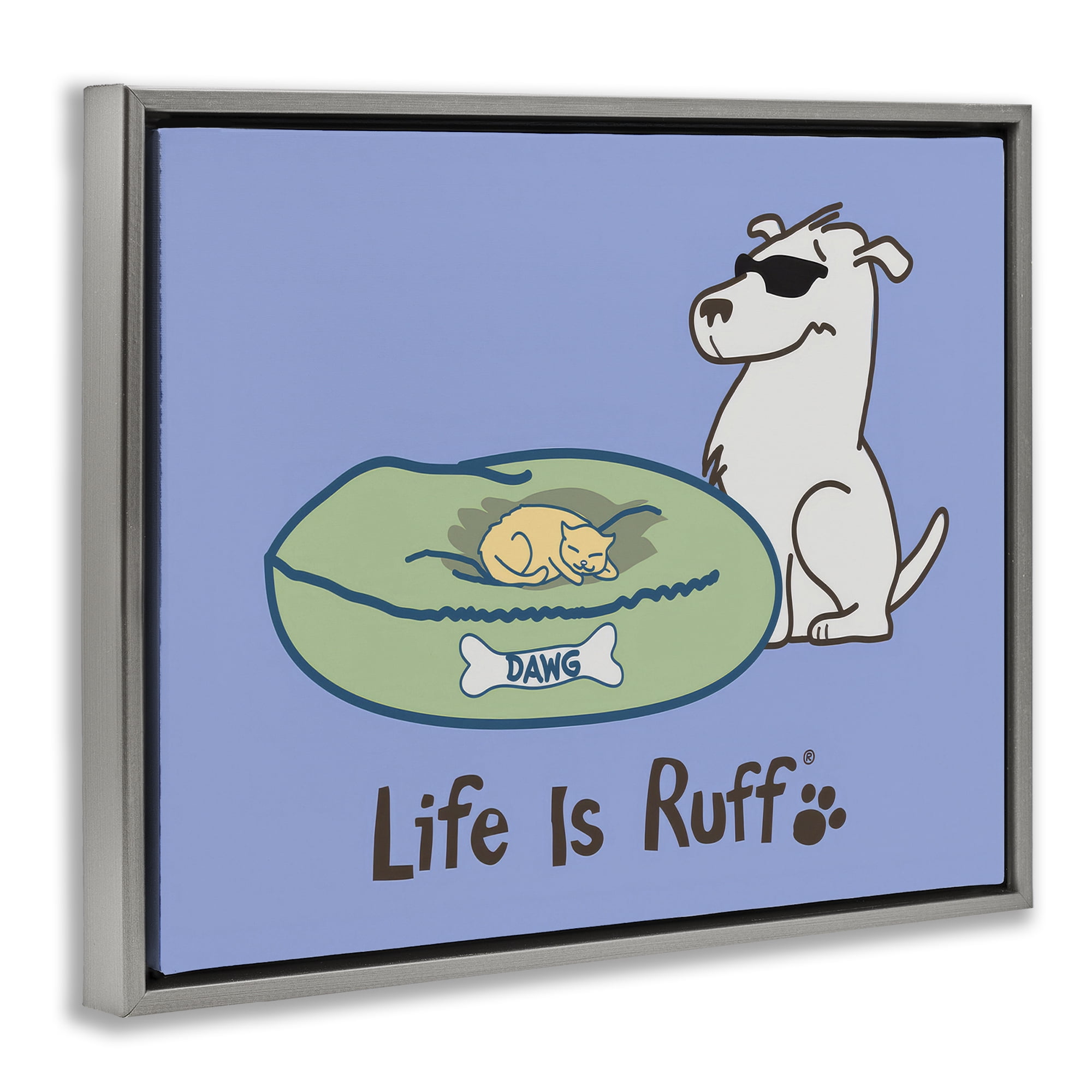 Stupell Industries Cat on Dog Bed Animals Painting Gray Floater Framed Canvas Art Print Wall Art, 31 x 25