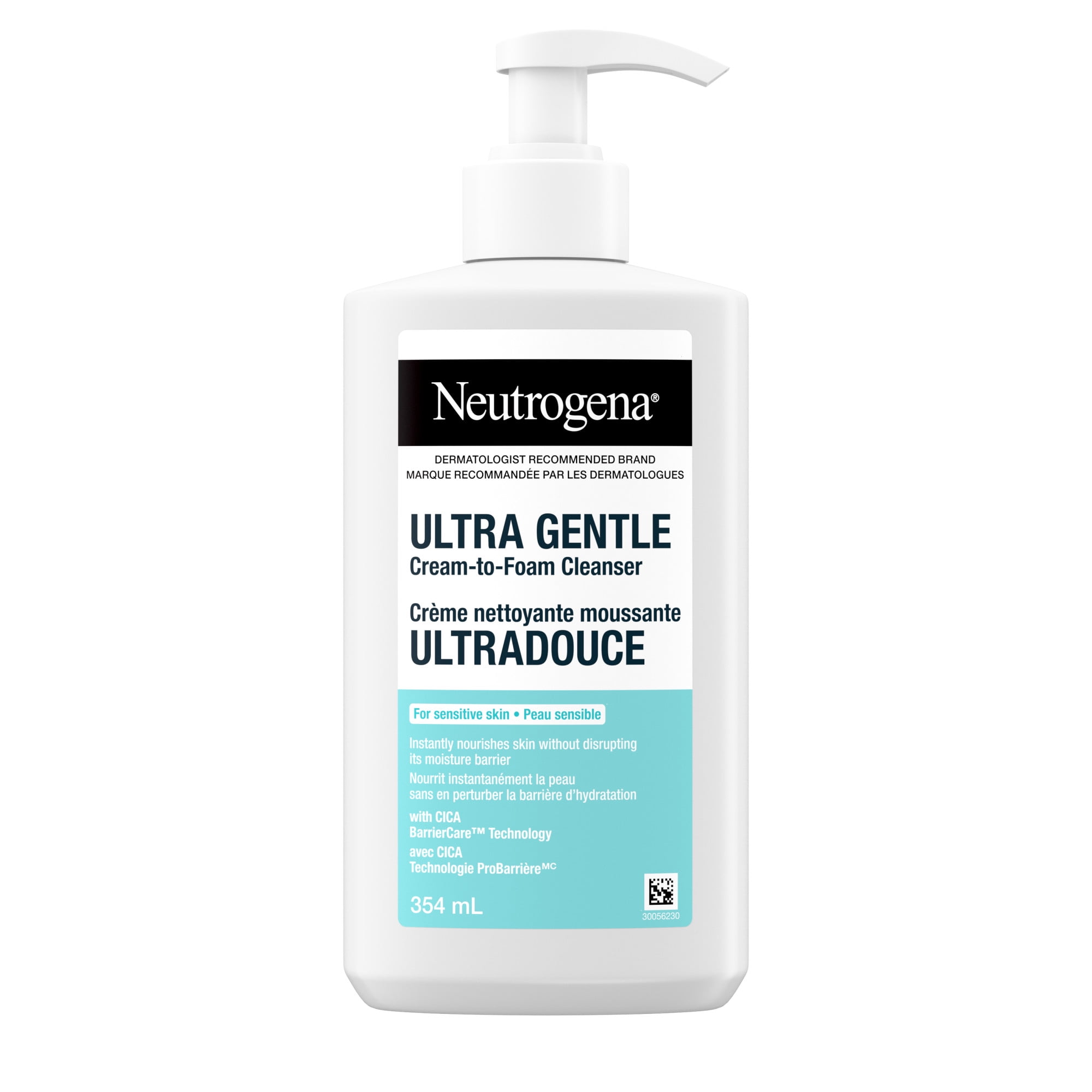 Neutrogena Ultra Gentle Cream-to-Foam Cleanser, Face Wash for Sensitive Skin, Dry Skin, Cleanser, Dermatologist Tested, Hypoallergenic, Cica, Fragrance Free, 354 mL