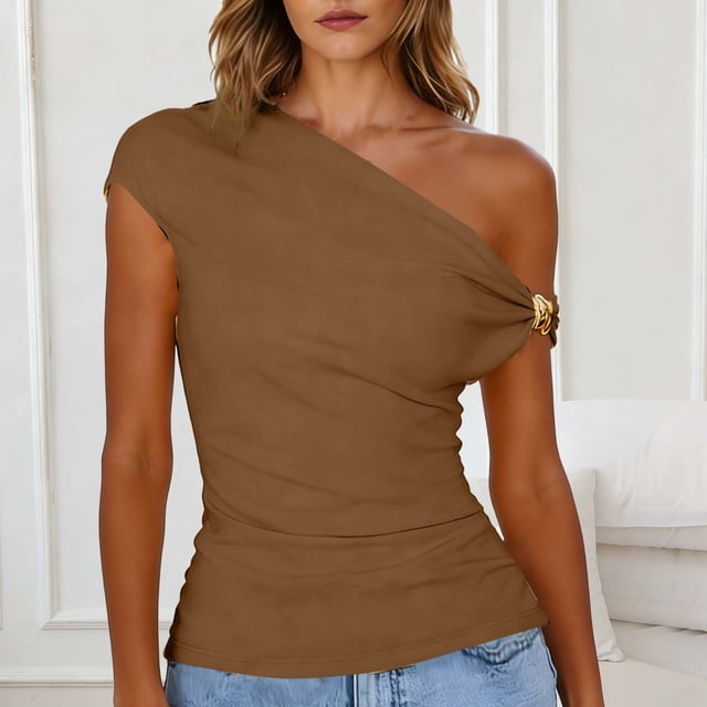 TaTaai 2026 Spring Summer Solid Color Off Shoulder Top for Women Asymmetrical Metal Buckle Short Sleeve Y2K Casual Party Blouse Comfy Daily Vacation Outfits Gift